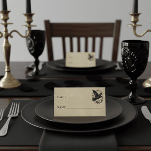 Cartão De Mesa Casamento Preto Vintage Gótico Toile Corvo Bege