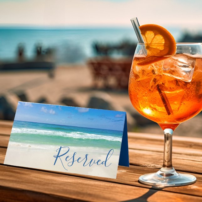 Cartão De Mesa Casamento Reservado para Praia de Foto de Ondas Tr (Criador carregado)