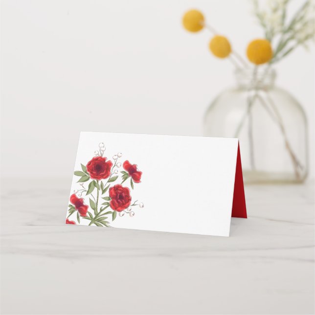 Cartão De Mesa Casamento Romântico com Rosa Vermelha (Frente)