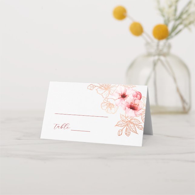 Cartão De Mesa Casamento Rosa Branco Flor de Cerejeira Aquarela (Frente)