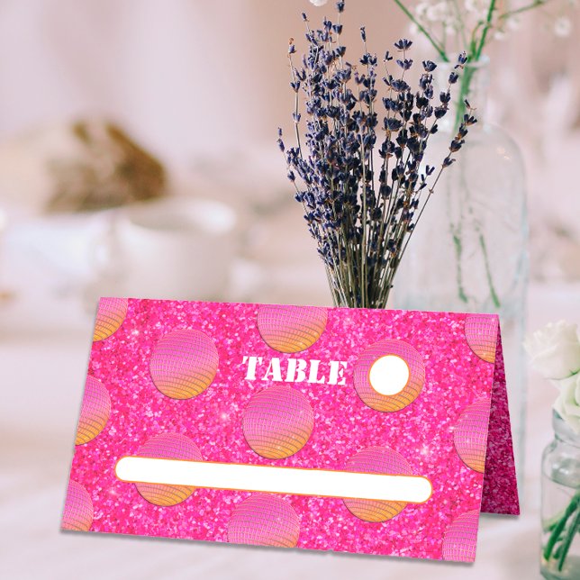 Cartão De Mesa Casamento Rosa Quente e Laranja Bolas de Discoteca (Front)