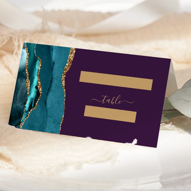 Cartão De Mesa Casamento Roxo Ágata Dourada Azul Chic (Criador carregado)
