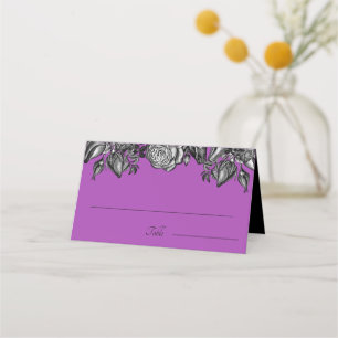 Cartão De Mesa Casamento Roxo Elétrico de Rosas Negras e Brancas