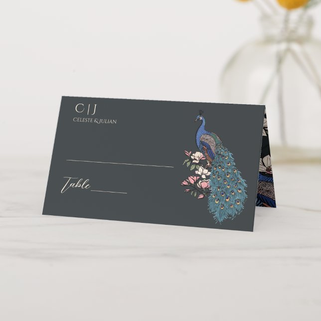 Cartão De Mesa Casamento Rustic Black Floral Peacock (Rustic Floral Blue Teal Peacock on Magnolia Branch in Full Bloom with Flowers in Chic, Modern Black.)