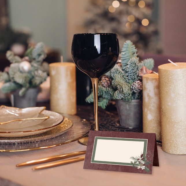 Cartão De Mesa Casamento Rustic Winter Berries & Pine Burgundy (Rustic Winter Berries & Pine Burgundy Wedding Place Card)