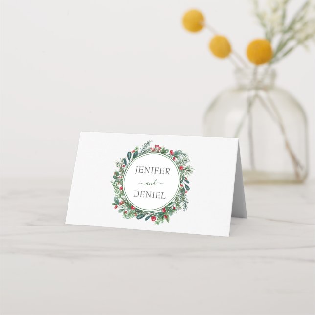 Cartão De Mesa Casamento Rustic Winter Berry Pine Greenery (Verso)
