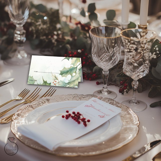 Cartão De Mesa Casamento | Rustic Winter Holly e Berries (Criador carregado)