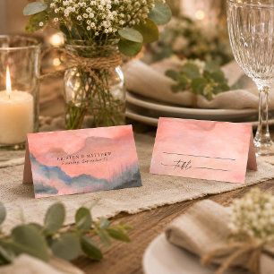 Cartão De Mesa Casamento Rústico Aquarela do Pôr do Sol na Montan