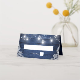 Cartão De Mesa Casamento Rústico De Madeira Azul Mason Jar Lights