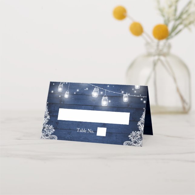 Cartão De Mesa Casamento Rústico De Madeira Azul Mason Jar Lights (Frente)