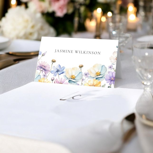 Cartão De Mesa Casamento simples de Wildflower Elegante (modern elegant wedding table place card with beautiful wildflowers)