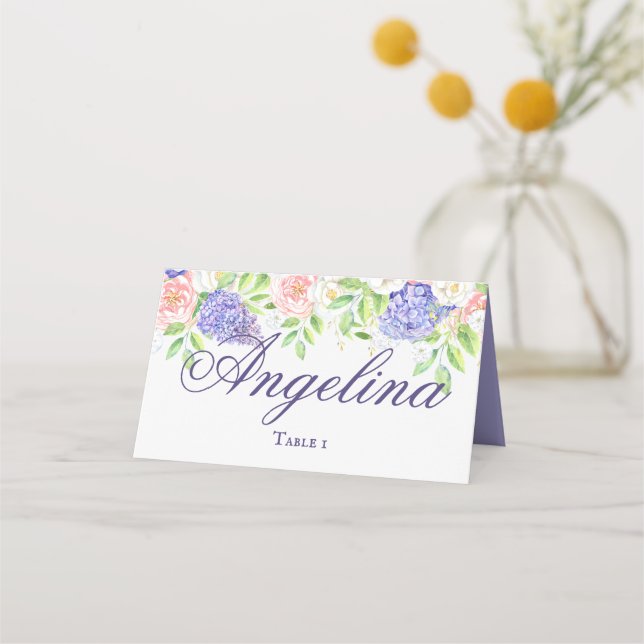 Cartão De Mesa Casamento Sofisticado com Lilás e Peônia (Frente)