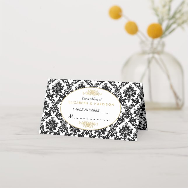 Cartão De Mesa Casamento tema damasco Dourado, Preto e Branco (Frente)