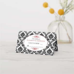 Cartão De Mesa Casamento tema damasco vermelho, preto e branco