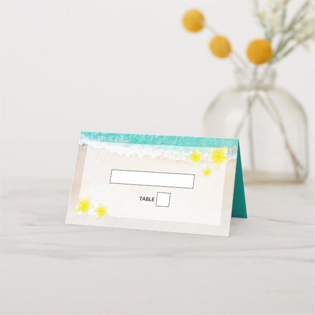 Cartão De Mesa Casamento Tropical de Praia Yellow Plumeria Frangi (Frente)