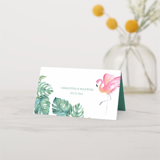 Cartão De Mesa Casamento Tropical Flamingo & Watercolor Greenery (Verso)