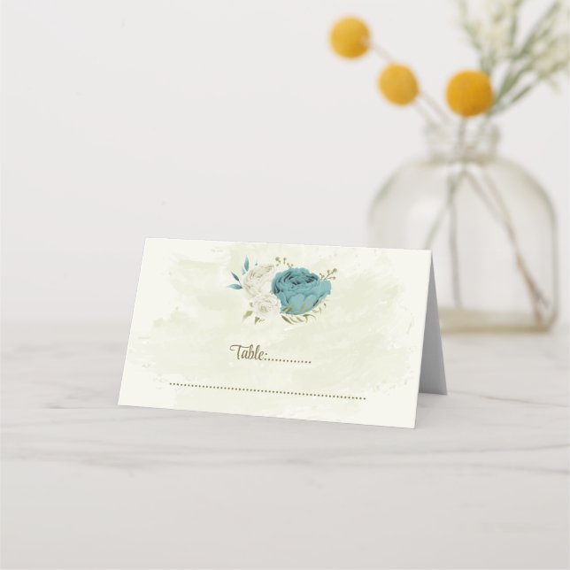 Cartão De Mesa casamento verde com flores brancas azuis (Frente)