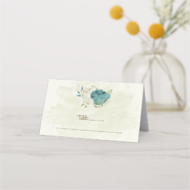 Cartão De Mesa casamento verde com flores brancas azuis