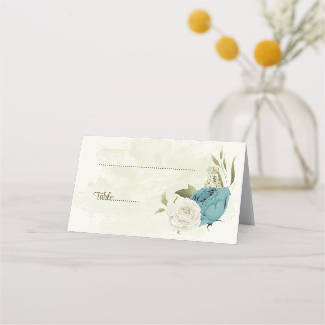Cartão De Mesa casamento verde com flores brancas azuis (Frente)