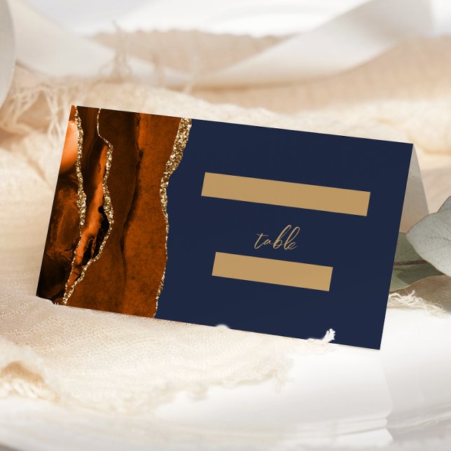 Cartão De Mesa Casamento Verde Escuro de Agate Laranja Dourado Qu (Criador carregado)