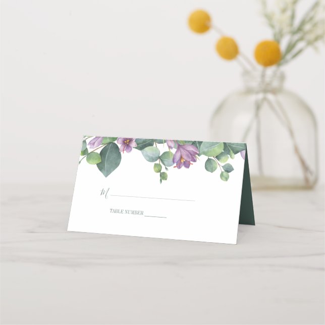 Cartão De Mesa Casamento Verde Roxo Eucalyptus Floral Greenery (Frente)