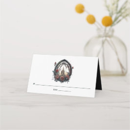 Cartão De Mesa Castelo de Fantasia Sombria Janela Gótica Casament