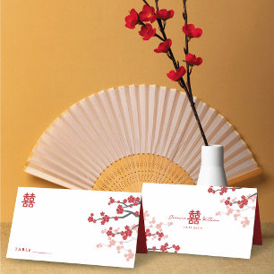 Cartão De Mesa Cereja Blossoms e Felicidade Dupla Casamento Chinê