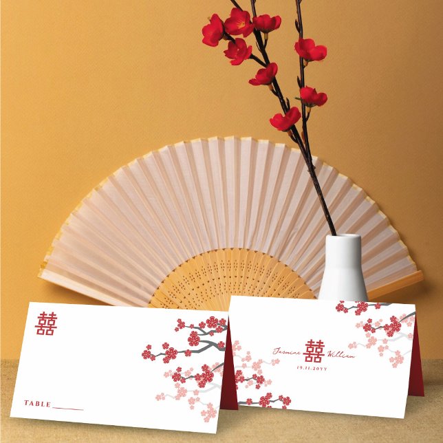 Cartão De Mesa Cereja Blossoms e Felicidade Dupla Casamento Chinê (Red Cherry Blossoms & Double Happiness Chinese Wedding Folded Place Card @ fatfatin_red_knot)