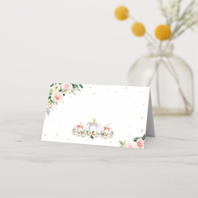 Cartão De Mesa Chá de fraldas De Abóbora Rosa E Dourado (Frente)