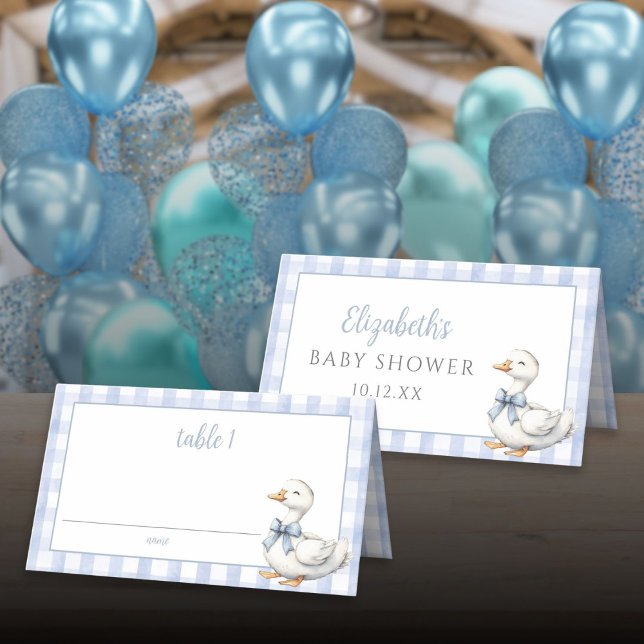 Cartão De Mesa Chá de fraldas Gingham Azul de Ganso bobo (Silly Little Goose Blue Gingham Baby Shower Place Card)
