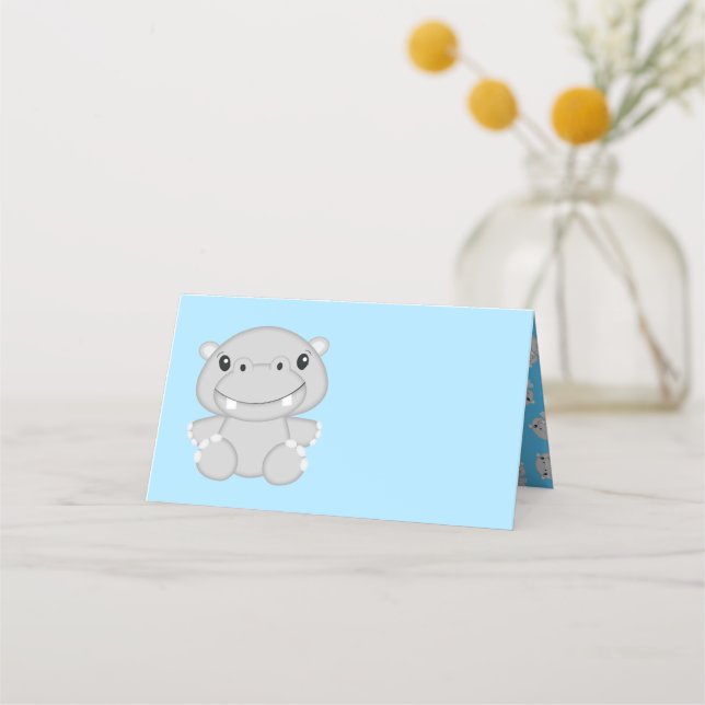 Cartão De Mesa Chá de fraldas Hippo Azul (Frente)