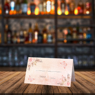 Cartão De Mesa Chá de fraldas pampas borboletas cor-de-rosa