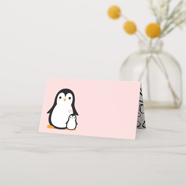 Cartão De Mesa Chá de fraldas Pinguim Bonito Menina Rosa (Frente)