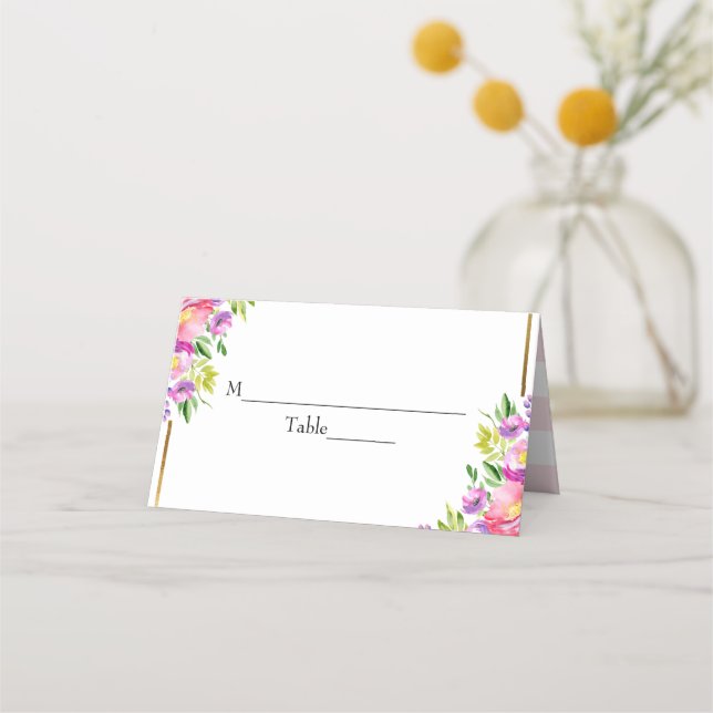 Cartão De Mesa Chá de Noiva Rosa e Dourado Falso com Flores (Frente)