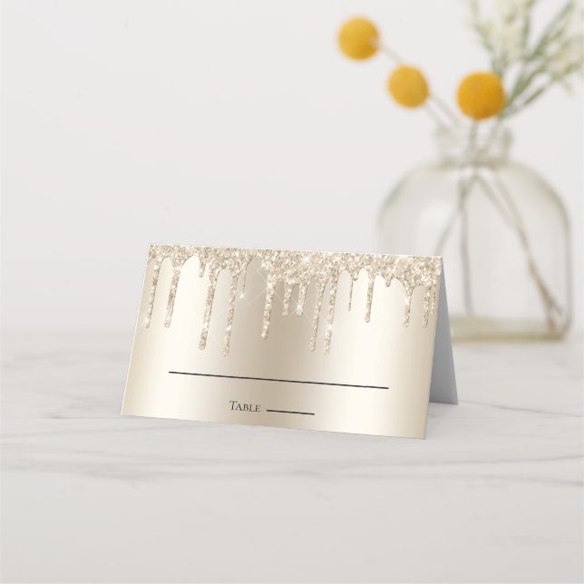 Cartão De Mesa Champagne Brilhante Gota Elegante Casamento  (Frente)