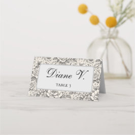 Cartão De Mesa Charcoal Black and White Etched Flowers Classic