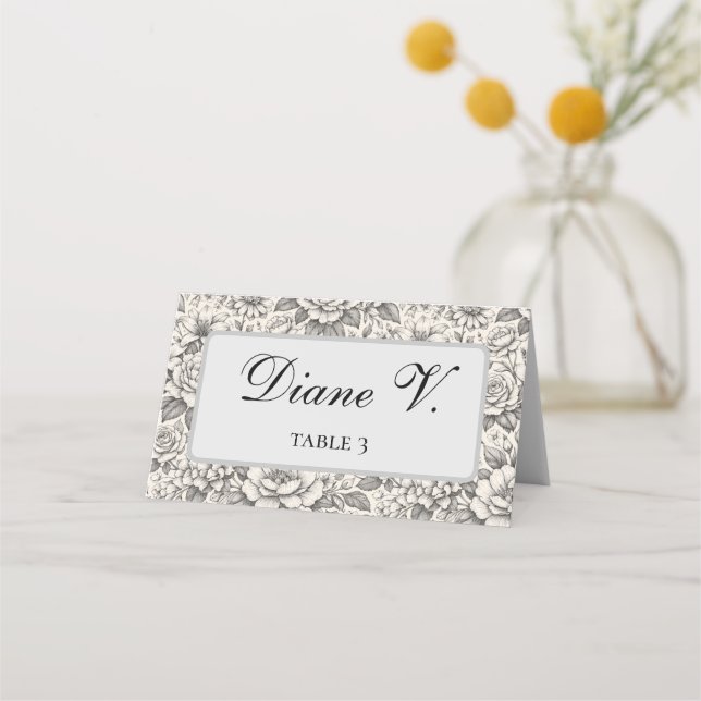 Cartão De Mesa Charcoal Black and White Etched Flowers Classic (Frente)