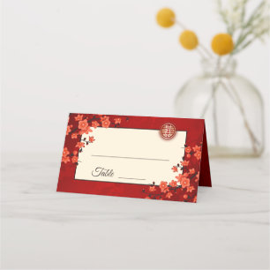 Cartão De Mesa Cherry Blossom Red Dourado   Casamento chinês