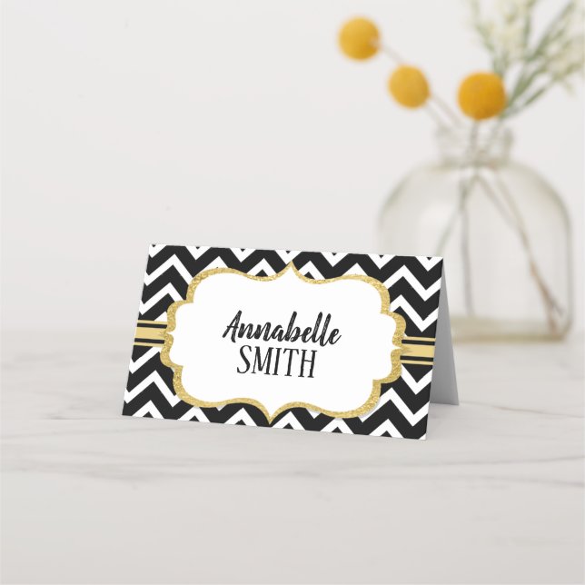 Cartão De Mesa Chevron branco preto com placa de deco Dourada (Frente)