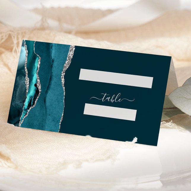 Cartão De Mesa Chic Azul Teal Prata Ágata Casamento (Criador carregado)