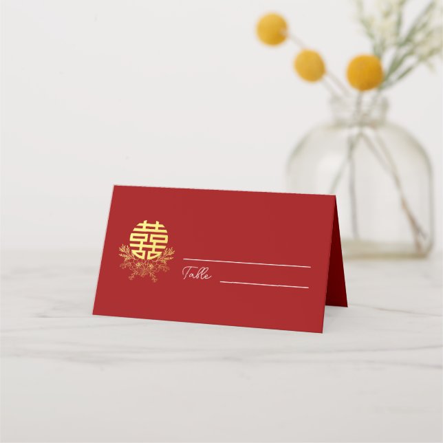 Cartão De Mesa Círculo dupla felicidade flor casamento chinês (Frente)