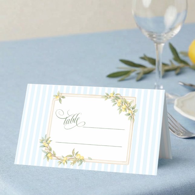 Cartão De Mesa Coastal Lemon Wedding (elegant coastal stripe mediterranean lemon wedding table place card with script calligraphy)