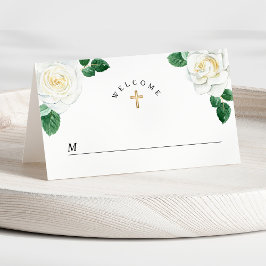 Cartão De Mesa Comunhão Solene Menina Rosas Brancas Aquarela