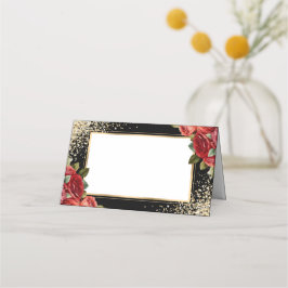 Cartão De Mesa Confete Dourado Preto Rosas Florais