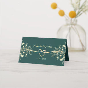 Cartão De Mesa Coração de Corda Dourada Verde Esmeralda Casamento