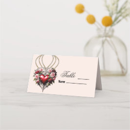 Cartão De Mesa Coração gótico nobre com flores.