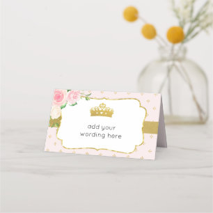 Cartão De Mesa Coroa de Princesa Floral Rosa e Dourada