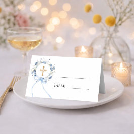 Cartão De Mesa Coroa floral azul com laço de fita dourada para me