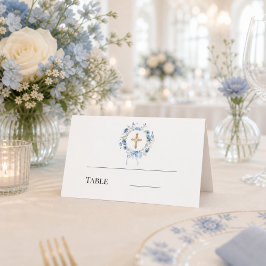 Cartão De Mesa Coroa floral azul cruz dourada batismo menino