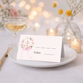 Cartão De Mesa Coroa floral rosa com fita de laço dourada